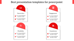 Grid layout of four white cards with overlapping red circular headers, featuring icons and placeholder text areas.