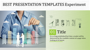Slide featuring a person interacting over a cityscape with clouds and a green themed sidebar with text.