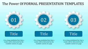 Formal presentation template featuring three numbered gears with titles and descriptive text under each section.