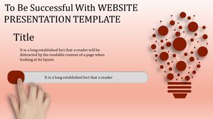 Website presentation slide featuring a hand interacting with a slider and a light bulb design made of interconnected circles.