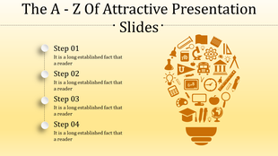 Illustration of a lightbulb formed by educational icons with four presentation steps listed on a yellow gradient background.