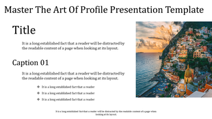 Profile PPT template featuring a scenic view of a coastal town with colorful buildings at sunset with placeholder text.