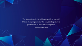 Dark blue background with abstract geometric shapes and a centered text quote.