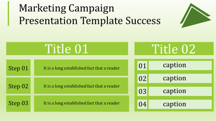 Green themed slide with two titles, three step lists, and four captions in rectangular boxes.