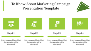 Presentation slide featuring steps 01 to 04 with corresponding icons and text for marketing campaigns.