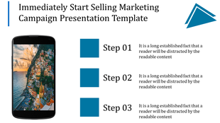 Marketing campaign slide featuring a smartphone image and three sequential steps with descriptive text.