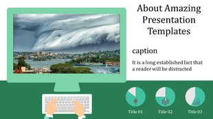Computer screen displaying dramatic storm clouds over a cityscape, with analysis charts below and a typing hand illustration.