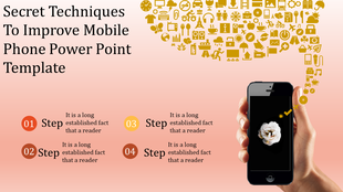 Smartphone in a hand with golden icons emerging from it, set against a gradient peach background with four numbered steps.