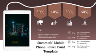 Tablet screen displaying a market scene, with percentage banners and data steps illustrating a mobile themed PPT slide.