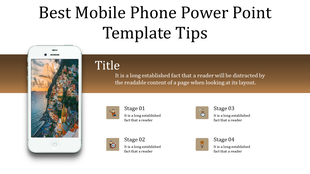 Mobile phone PowerPoint slide with a cityscape image displayed on the phone screen and four stages highlighted below.