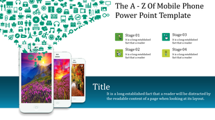 Mobile phone PowerPoint template showcasing vibrant visuals and infographic icons with four descriptive stages.