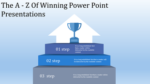 Three stacked blue blocks labeled as steps leading to a trophy atop, on a white arrow pointing upward on a light background.
