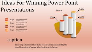 PPT slide showcasing tips for winning presentations, with a 3D chart and a 4 stage process outline on a gradient background.