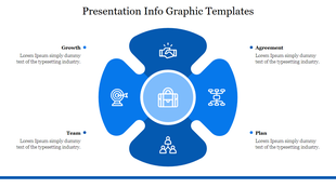 Blue infographic with a central circle and four petal shaped segments, each displaying icons for business concepts.