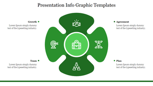 Green themed infographic PPT template with icons representing Growth, Agreement, Team, and Plan stages.