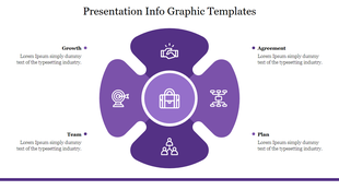 Purple infographic template with icons representing concepts like Growth, Team, Plan, and Agreement in a circular layout.