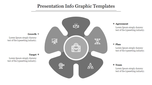 Grayscale infographic template with six sections representing business concepts from Growth to agreement with text.
