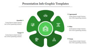 Green slide featuring a central suitcase icon and five surrounding petal like elements with business icons and text.