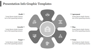 Infographic slide with a central gray circle featuring a suitcase icon surrounded by six petal like shapes and captions.