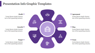 Infographic PPT template with five sections arranged in a circular pattern, each containing an icon and a title.