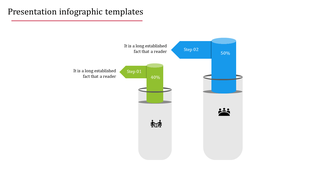 Infographic presentation template with progress bars showing steps and percentages.