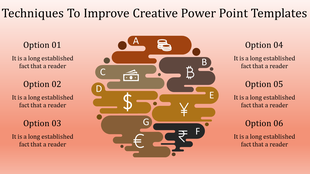 Slide with a layered abstract design in brown tones, featuring currency symbols and options on a pink gradient background.
