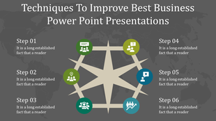 Business PPT slide with a compass design, each step representing a business technique with icons on a grey map backdrop.