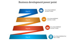 Business slide with four layered colored ribbons in blue, orange, red, and light blue, with labeled steps.