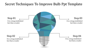 PowerPoint slide featuring a geometric bulb illustration with four labeled steps connected by dotted arrows.