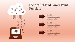 Slide design with a cloud illustration containing icons for data and analytics, connected by arrows to a laptop at the bottom.