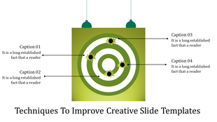 Creative PPT slide showcasing a green target board with captions highlighting key points in a presentation.
