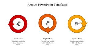 Slide with three circular arrows in red, orange, and yellow, each containing icons and captions below.