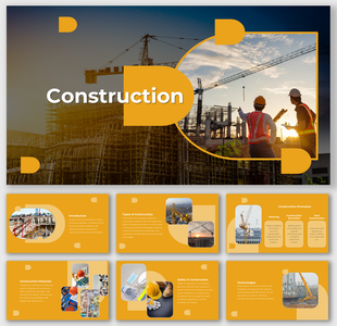 Construction-themed slide deck with workers overseeing a project and different types of site under development.