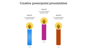 Three colorful candles in blue, pink, and brown with flames, labeled as steps 01, 02, and 03, on a white background.
