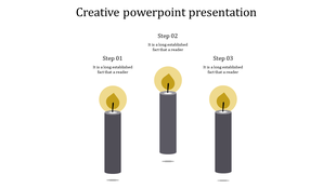 Creative slide showcasing three vertical gray candles labeled Step 01, Step 02, and Step 03 in white backdrop.