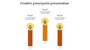 Creative PowerPoint presentation template featuring three orange candles with glowing flames and placeholder text.