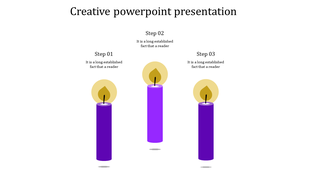 Creative PPT slide with three vertical purple candles representing steps 1, 2, and 3, each with a flame and text above.