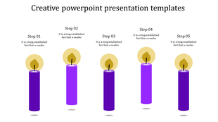 Creative PPT slide with five purple candles representing steps 1 to 5, each with a glowing flame and placeholder captions.