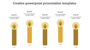 Creative slide with five candles in different shades of yellow, each representing a step on a white background.