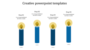 Creative slide with four vertical candles, each lit with a flame and aligned under step numbers and placeholder text.