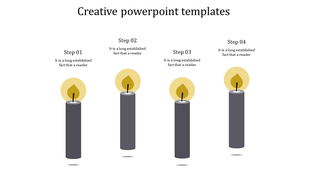 Creative slide with four candles in different shades of gray, each representing a step on a white background.