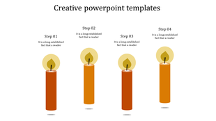 Creative slide with four vertical orange candles, each lit with a flame and aligned under step numbers and placeholder text.
