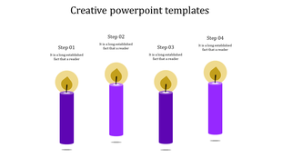 Creative PowerPoint template showing four purple candles, each labeled with steps from one to four with placeholder text.