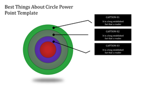Concentric circles infographic highlighting layers with captions labeled 01, 02, and 03, featuring placeholder text areas.