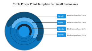 Template with four circular steps in blue shades, numbered 01 to 04, with captions explaining the business process.