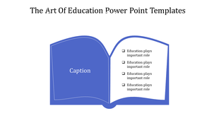 Open book illustration in blue with a caption on the left and a bulleted list on the right, under an education theme.