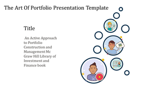 Slide with circular icons of diverse characters and portfolio elements on the right, paired with text on a white background.