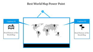 Gray world map with black location pins, two caption boxes on both sides, and a blue bordered central frame.