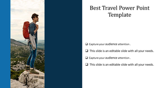 Travel themed PowerPoint slide featuring a hiker standing on a rocky ledge overlooking scenic mountains.