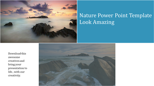 Nature-themed slide with a rocky seascape at sunrise and a calm beach scene with a nature quote.